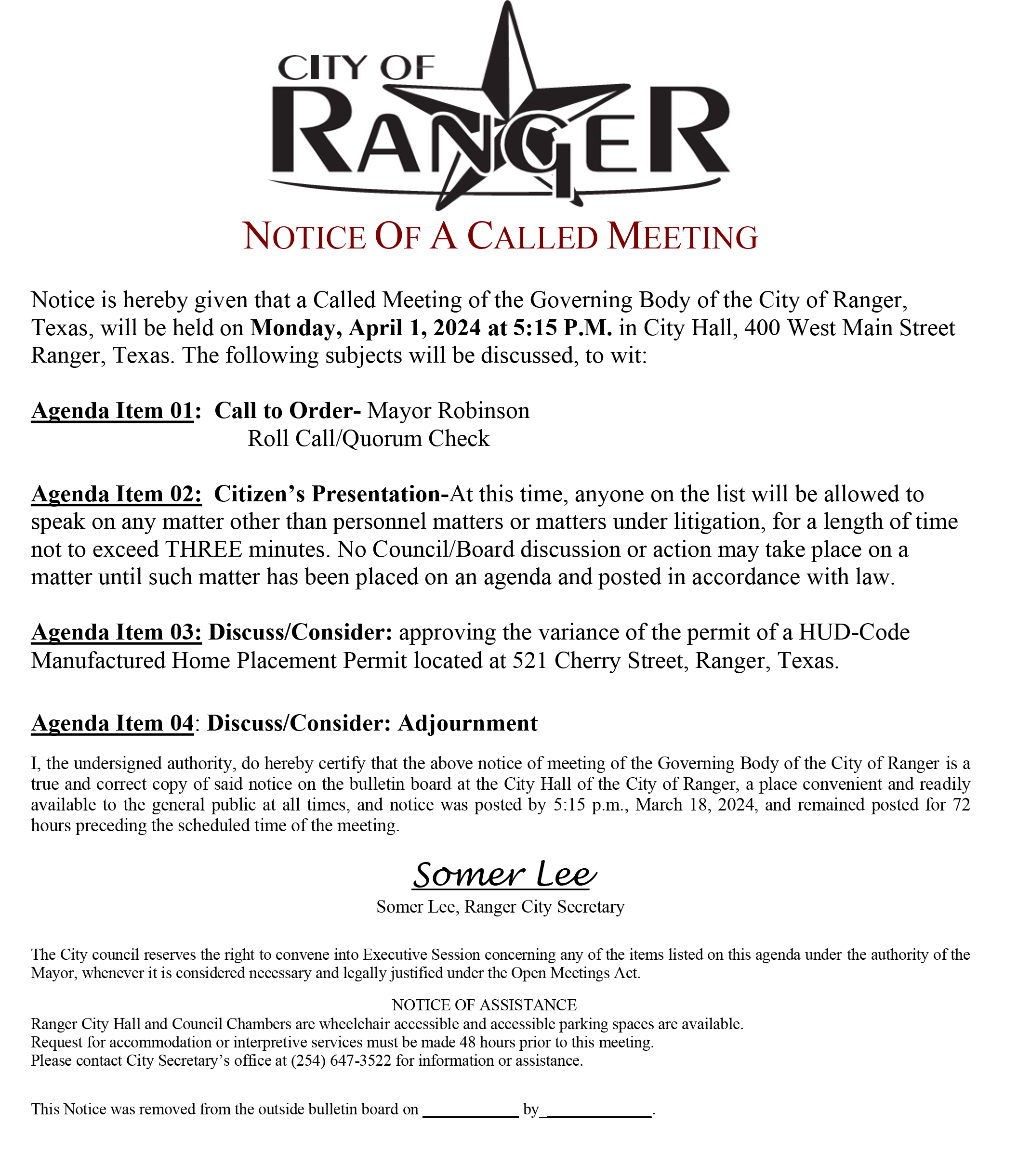 Agenda for a Called Meeting of the Governing Body of the City of Ranger to be held on Monday, April 1, 2024...
